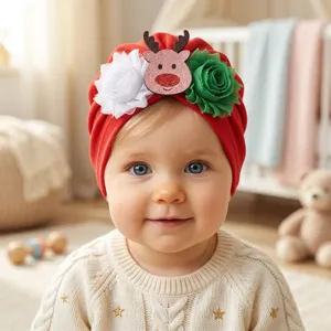 Christmas baby turban hat with flower and reindeer decorations, cute infant holiday headwear.