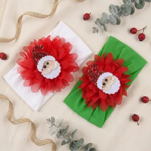 Christmas baby headband set with soft nylon band, red chiffon flower and cute Santa decor.