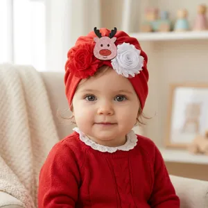Cute Christmas baby turban hat with flower and reindeer decor, soft knit infant beanie cap.