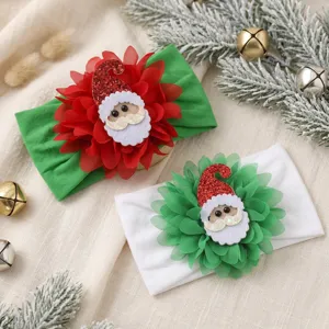 Christmas baby headband set with soft nylon band and chiffon flower Santa Claus design for kids.