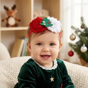 Christmas baby headband detail, festive red white flower and tree design, cute toddler hair accessory