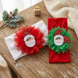 Christmas baby headband detail showing soft nylon band with cute Santa and chiffon flower.