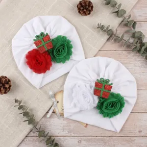 Christmas baby turban hat with flower and gift box ornament soft newborn hospital cap