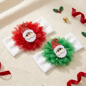 Christmas baby headband set with red green chiffon flowers and soft nylon bands detail.