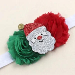 Christmas baby headband with red green flowers and glitter Santa patch for kids holiday party