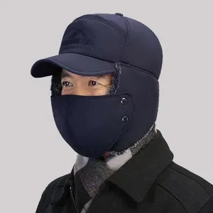 Gorro de invierno térmico con mascarilla extraíble y visera, azul oscuro antiviento.