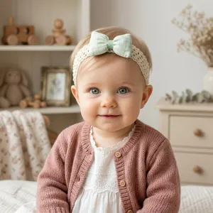 Comfortable baby crochet headband with cute green checkered bow, ideal daily wear accessory.