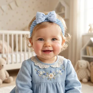 Cute baby headband detail, blue hollow-out knit with a stylish gingham bow accessory.
