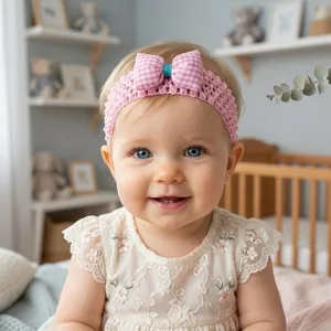 Cute baby headband with pink plaid bow, breathable hollow-out infant hair accessory.
