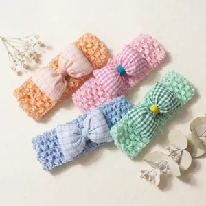 Cute baby headband set featuring colorful checkered bows and soft hollow-out knit design for infants.