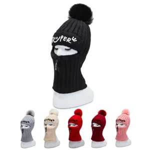 Winter Warm Balaclava Knit Hat Women Korean Style Thickened Windproof Hood Cap With Zipper Pom Pom Thermal Outdoor