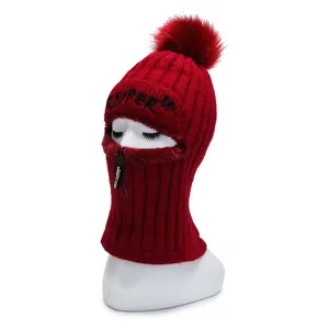 Winter red knitted balaclava hat with zipper and pom pom warm thick snow cap for women