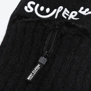 Winter thick black knit balaclava hood with zipper and smiley embroidery design.