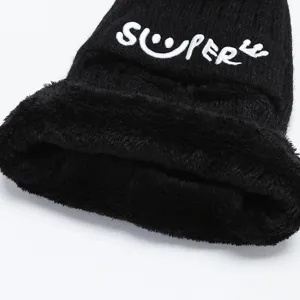 Winter thick knit warm beanie hat with plush lining, stylish cold-proof streetwear cap.
