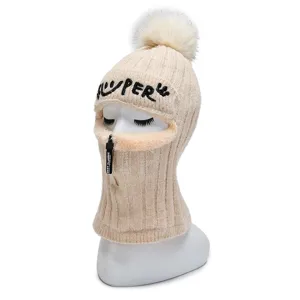 Thickened winter knitted balaclava hat with zipper and pompom for women windproof warm