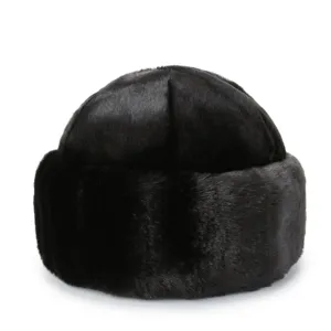 Bonnet d'hiver en fausse fourrure noire, chapeau chaud en peluche épaisse pour temps froid