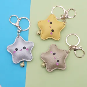 Cute PU Leather Pentagram Smiley Face Car Keychain Star Bag Pendant Cartoon Key Ring For Women Men Apparel Accessories