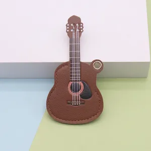 Brown PU leather guitar keychain bag pendant, stylish instrument key ring car hanging decor.