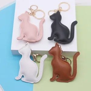 Cute Cat Keychain PU Leather Bag Pendant Car Key Ring Minimalist Animal Bag Charm Couple Gift