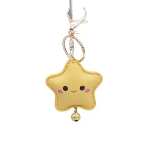Cute yellow leather star keychain with cute smiley face and bell, perfect bag charm pendant.
