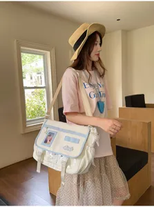 Japanese style cream contrast messenger ita bag, sweet girl transparent window crossbody bag.