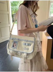 Cream contrast messenger ita bag, Japanese style clear window canvas crossbody bag for daily use.