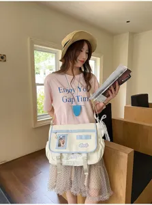 Details of the cute cream and blue messenger ita bag with transparent window and sweet style.