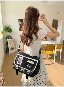 Japanese style colorblock ita messenger bag with transparent window, casual canvas shoulder bag.