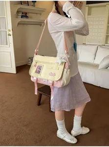 Japanese sweet style colorblock messenger ita bag with clear window, versatile crossbody bag.