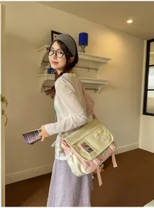 Japanese style canvas messenger ita bag with transparent window, cute cream and pink design for daily.
