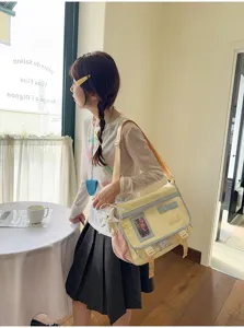 Japanese style colorblock messenger ita bag with transparent window, casual crossbody bag.