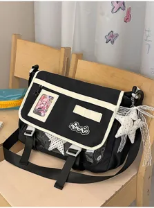 Japanese sweet style canvas messenger ita bag with transparent window and cute star lace pendant.