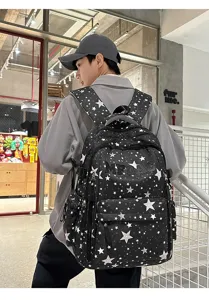 Stylish black star print backpack for students and travel, durable casual daypack with comfy straps.