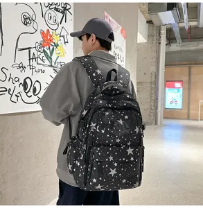 Stylish black star print backpack for men and women, trendy campus school bag daily use.
