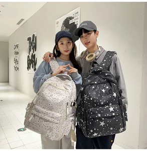 Star pattern couple casual backpack, large capacity school bag with multiple compartments.