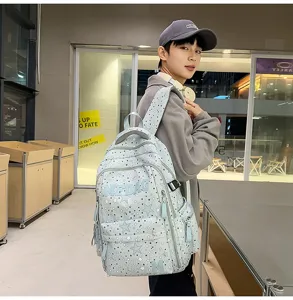 Detailed view of the light blue star print casual backpack worn by a model, stylish and spacious.