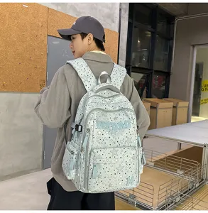 Detailed view of trendy star patterned campus backpack worn by model, durable daily bag.