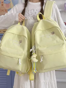 Casual Nylon School Backpack For Teen Girls Cute Letter Embroidered Bookbag Travel Daypack With Moon Pendant
