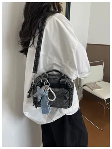 Retro Korean style mini denim crossbody shoulder bag with cute star and pearl pendants.