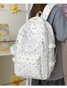 Cute Japanese ins style white backpack with black polka dots and star doodles for students.