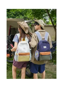 Macaron colorblock canvas casual backpack detailed view, stylish outdoor travel daypack for students