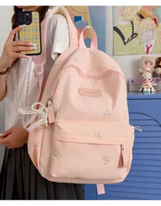 Pink school backpack detail, cute colorful bow embroidery, daily casual student book bag