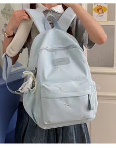 Light green colorful bow embroidery backpack student school bag daily casual daypack