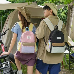 Japanese macaron colorblock canvas backpack for casual daily use and outdoor travel hiking.