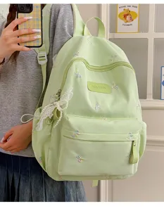 Light green school backpack for women cute bow embroidery daily travel student book bag