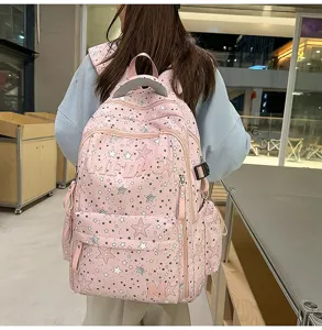Pink star print casual backpack with air cushion straps for students and daily commuting use.