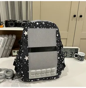 Black star print couple casual backpack with breathable air cushion design for daily use.