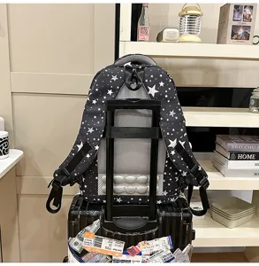 Stylish black star print casual travel backpack with ergonomic air cushion shoulder straps.