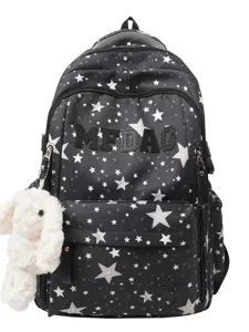 Black star print school backpack with plush bunny pendant and spacious multi-compartment design.