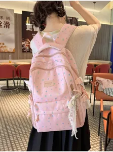 Pink cartoon print school backpack cute casual daypack for teen girls travel bookbag